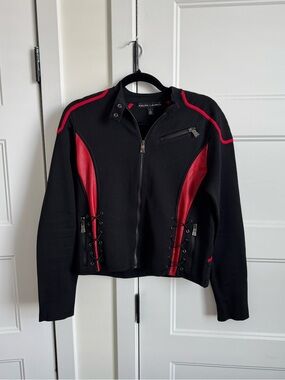 Ralph Lauren Silk Moto Red Leather Accent Racing Jacket w/ Corset Detail NWOT